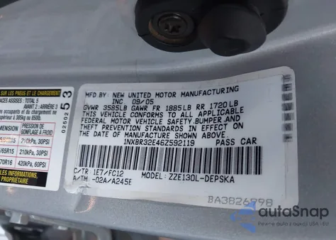 2006 Toyota Corolla S from USA, damaged, VIN 1NXBR32E46Z592119